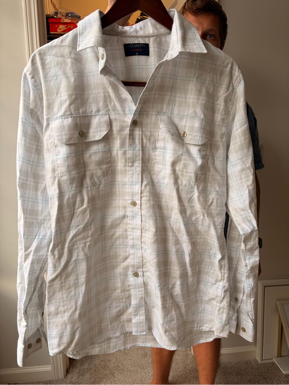 Men’s White Plaid Button-Down Shirt